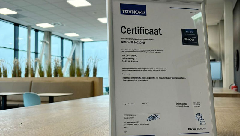Van Geenen reçoit à nouveau le certificat ISO-9001.